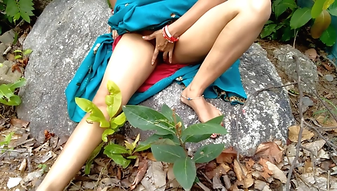 Indian girl in a forest with hairy pussy gets fucked