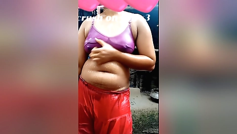 Sexy blonde babe in open bathroom washing her body