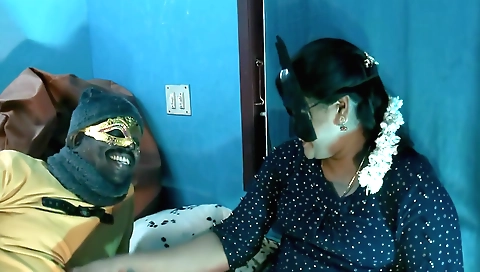 Indian brunette with small tits giving blowjob to her mom