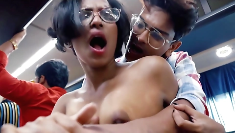 A brunette babe with a sexy body gets on a moving bus