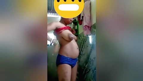 Hairy indian babe striptease nude and enjoys a bath