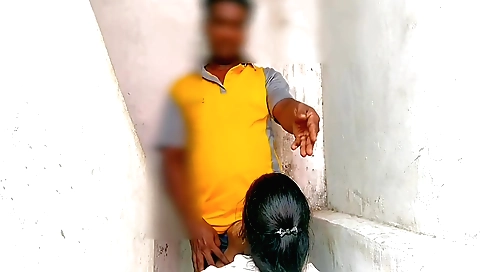 Indian girl sucking on her dude's cock at the farm