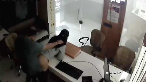 A brunette guy fucks her in the bank with his own dick