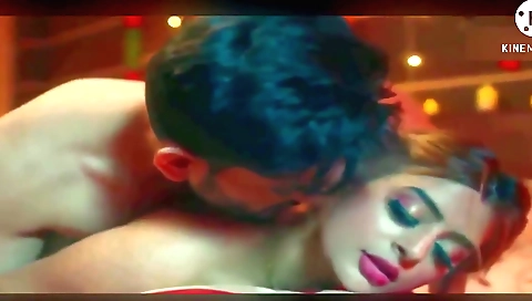 Hot brunette in a sexy red dress has sex in the morning