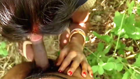 Indian woman in the jungle gets her husband's dick hard